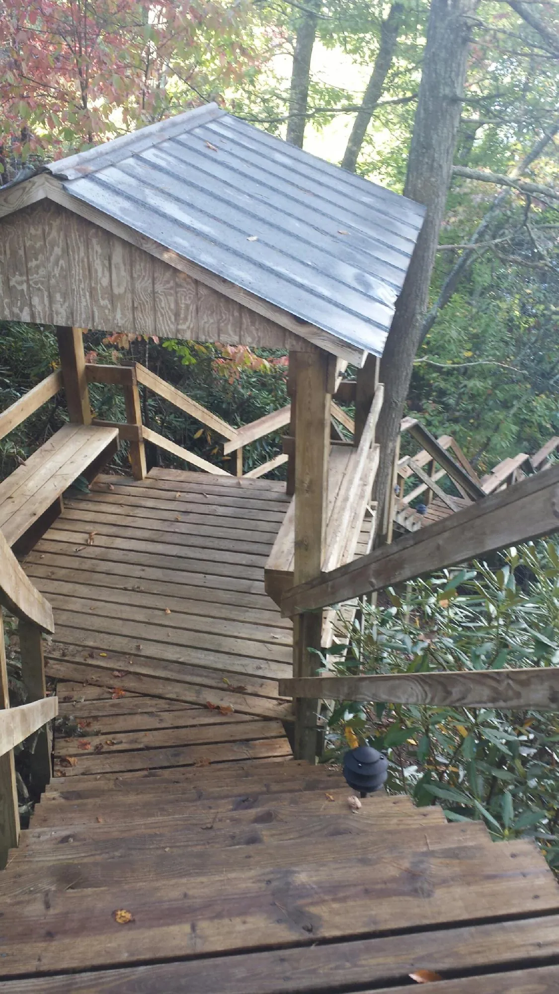 Metal roofed shelter over wooden steps on a wooded walkway — Skylight Repair & Installation work by our crew in Finger